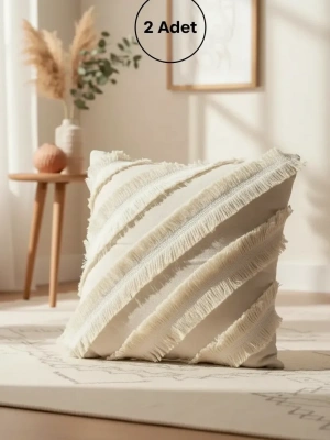 Özel Tasarım Çapraz Çift Püsküllü Keten Krem Kırlent 2 Adet Kırlent Kılıfı (43 x 43)