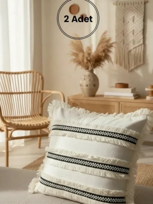 Özel Tasarım Siyah Püsküllü Keten Krem Kırlent 2 Adet Kırlent Kılıfı (43 x 43)