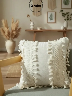 Özel Tasarım Ham Kalın Dantelli Keten Kırlent 2 Adet Kırlent Kılıfı (43 x 43)