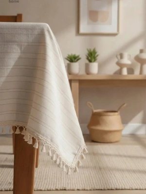 Buldan Dokuması Çizgili Krem Keten Ham Ponponlu Masa Örtüsü