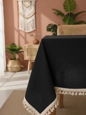 Premium Siyah Keten Ham Ponponlu Masa Örtüsü