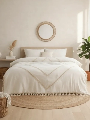 Çift Kişilik Ham Keten Nevresim Seti Jüt Dantelli Ponponlu Kahverengi Şerit Detaylı