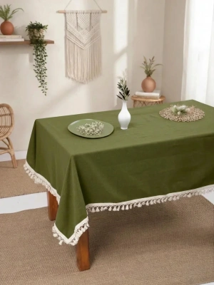 Premium Keten Haki Ponponlu Masa Örtüsü