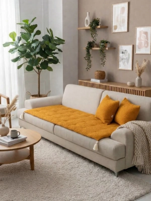 Waffle Dokuma Koltuk Pedi / Şiltesi [Kırlentli] - Hardal