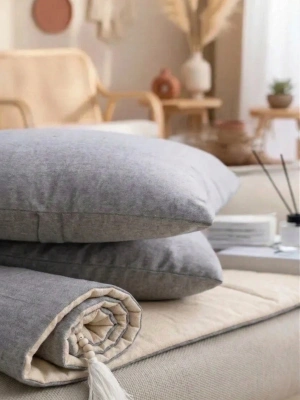 Çift Taraflı Keten Koltuk Pedi / Şiltesi [Kırlentli] - Antrasit-Krem