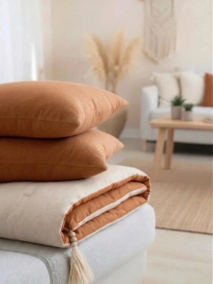 Çift Taraflı Keten Koltuk Pedi / Şiltesi [Kırlentli] - Tarçın-Krem