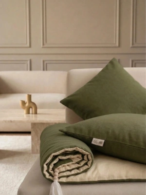 Luxury Çift Taraflı Keten Koltuk Pedi / Şiltesi [Kırlentli] - Haki-Krem