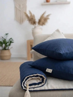 Çift Taraflı Keten Koltuk Pedi / Şiltesi [Kırlentli] - Lacivert-Krem