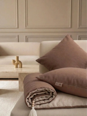 Luxury Çift Taraflı Keten Koltuk Pedi / Şiltesi [Kırlentli] - Kahverengi-Bej