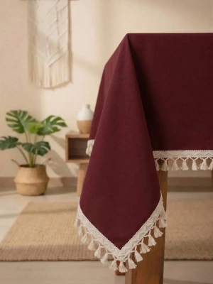 Bordo Pamuk Keten Ham Ponponlu Masa Örtüsü