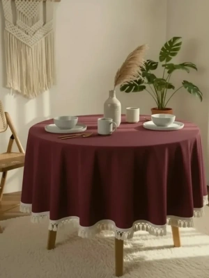 Bordo Pamuk Keten Ham Ponponlu Yuvarlak Masa Örtüsü
