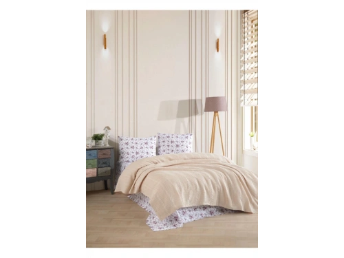 %100 Pamuk Çift Kişilik Pike Takımı - Bej & Çiçek Desenli Şık Set - 4 Parça