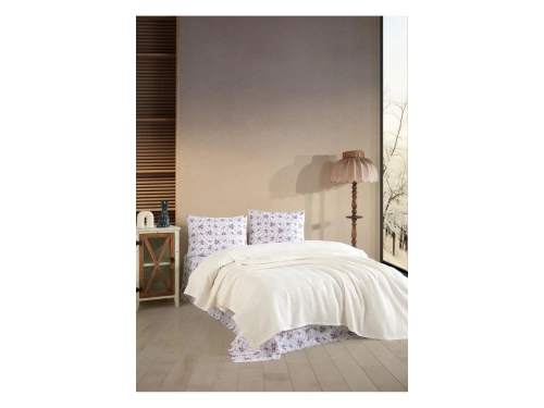 Krem Rengi & Çiçek Desenli Çift Kişilik Pike Takımı - %100 Pamuk Yumuşak & Konforlu Set