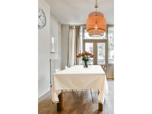 Organik Ham Keten Krem Ponponlu Masa Örtüsü