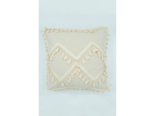 Özel Tasarım Çapraz Ponponlu Tekli Keten Krem Kırlent Kılıfı(45X55)