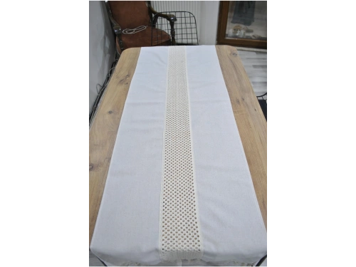 Özel Tasarım Ham Keten Krem Ara Dantelli Ve Ponponlu Runner 45 X 150