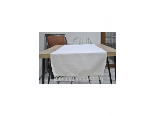 Özel Tasarım Organik Ham Keten Krem Ponponlu Runner Masa Örtüsü 45 X 150