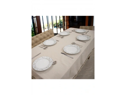 Organik Ham Keten Krem Siyah Şerit Detaylı Ponponlu Masa Örtüsü