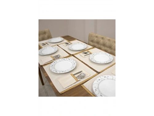 Keten Sarı Dokuma Şeritli 6lı Amerikan Servis Seti Kaşıklık Hediyeli 35x55