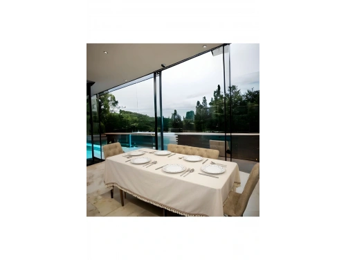 Ham Keten Organik Krem Kahverengi Şeritli Ponponlu Masa Örtüsü