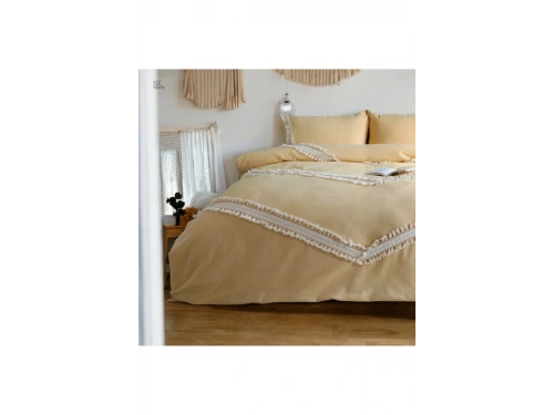 Sarı Renkli Pamuk Çift Ponponlu Çift Kişilik Nevresim Takımı