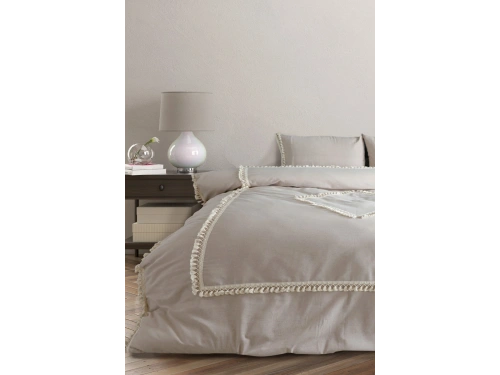 Bej Pamuk Keten Ikili Baklava Desen Ponponlu Tek Kişilik Nevresim Takımı(YEDEK YASTIKLI)