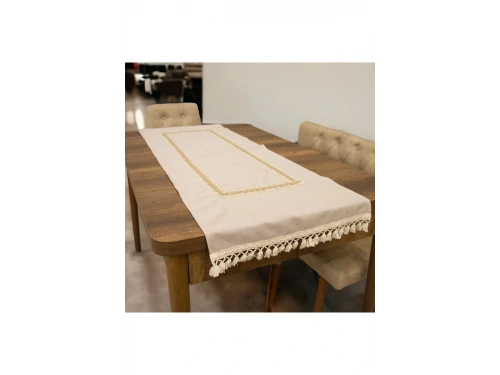 Keten Bej Renk Jüt Dantel Ponponlu Runner 50 X 150