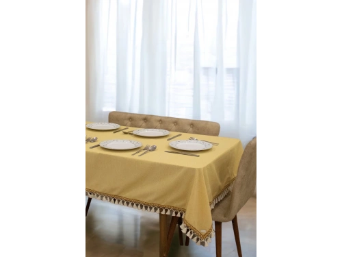 Sarı Pamuk Keten Kahverengi Şerit Ponponlu Masa Örtüsü