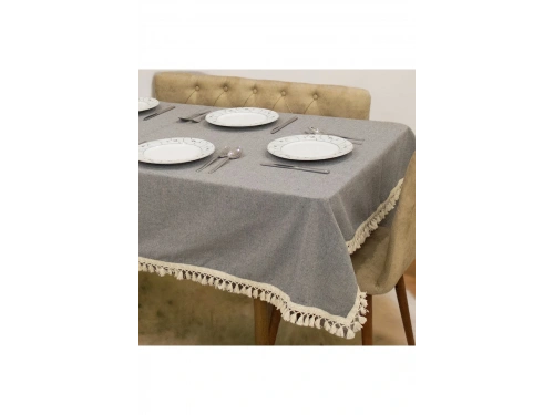 Gri Antrasit Pamuk Keten Ham Ponponlu Masa Örtüsü