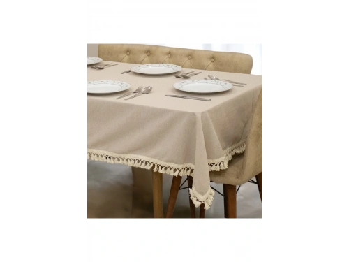 Bej Pamuk Keten Ponponlu Masa Örtüsü