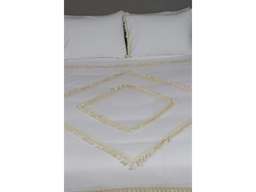 Beyaz Pamuk Keten Çift Kişilik Mozaik Ponponlu (yedek Yastıklı) Nevresim Takımı