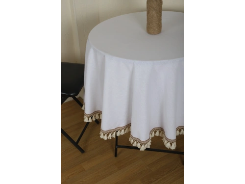 Beyaz Keten Şerit Ponponlu Yuvarlak Masa Örtüsü