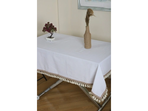 Beyaz Pamuk Keten Şerit Ponponlu Masa Örtüsü