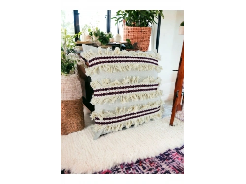 3Püsküllü Ara Desenli Keten Krem Kırlent Kırlent Kılıfı