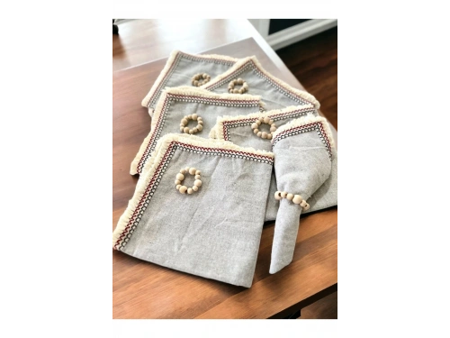 6LI Gri Keten Mini Püsküllü [Ahşap Toka Hediyeli] Peçete Takımı