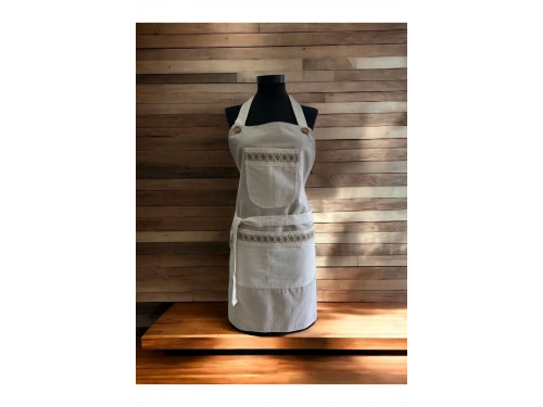 Bej Renk Krem Cepli Keten Modern Etnik Tarz Çift Katlı Mutfak Önlüğü