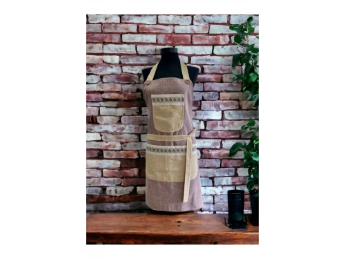 Bordo Renk Sarı Cepli Keten Modern Etnik Tarz Çift Katlı Mutfak Önlüğü
