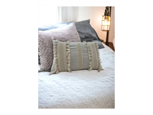 Ham Keten Üç Dantelli Ponponlu Kırlent Kırlent Kılıfı