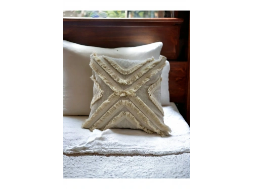 Ham Keten Çoklu Püsküllü Kare Kırlent Kırlent Kılıfı 43x43