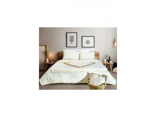 Beyaz Pamuk Keten Renkli Püsküllü Tek Kişilik Nevresim Takımı