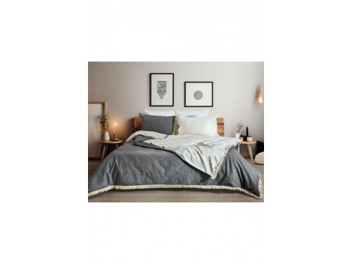 Çift Renkli Püsküllü (Antrasit - Krem) Keten Tek Kişilik Nevresim Takımı