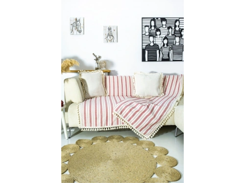 Bordo Çizgili Ham Ponponlu Otantik Koltuk Örtüsü Koltuk Şalı