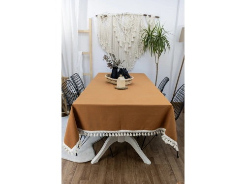 Kiremit Tarçın Renk Keten Ham Ponponlu Masa Örtüsü