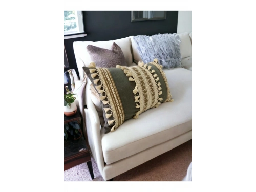 Gri Keten Üçlü Kahverengi Dantelli Kırlent Kırlent Kılıfı