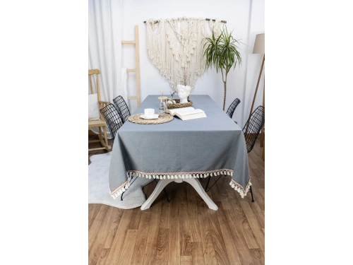 Premium Keten Füme Renk Kahverengi Şeritli Ponponlu Masa Örtüsü