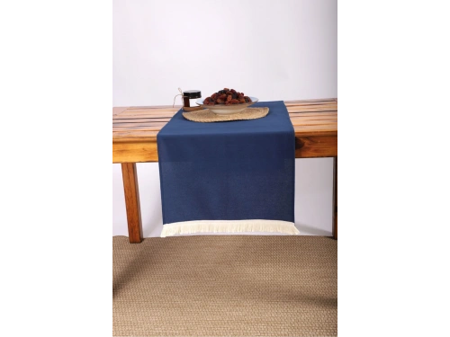 Premium Keten Lacivert Püsküllü Runner Masa örtüsü(45 x 150)