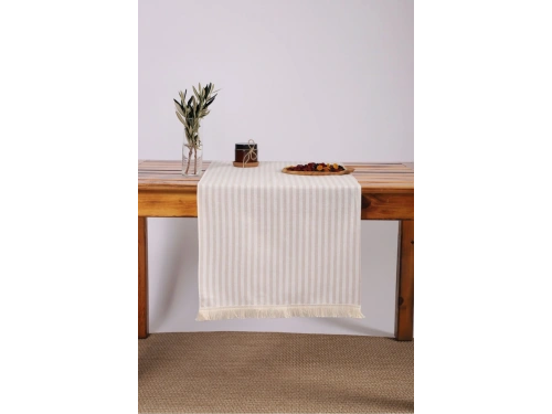 Keten Açık Kahve Çizgili Püsküllü Runer Masa Örtüsü (45 x 150)