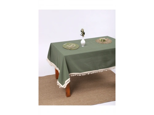 Premium Keten Haki Ponponlu Masa Örtüsü