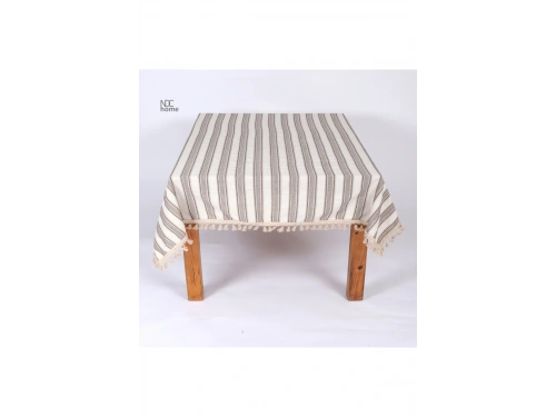 Buldan Dokuması Keten Kahverengi Çizgili Ponponlu Masa Örtüsü