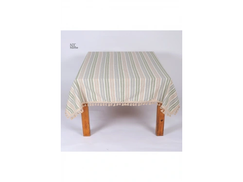 Buldan Dokuması Keten Renkli Çizgili Ponponlu Masa Örtüsü